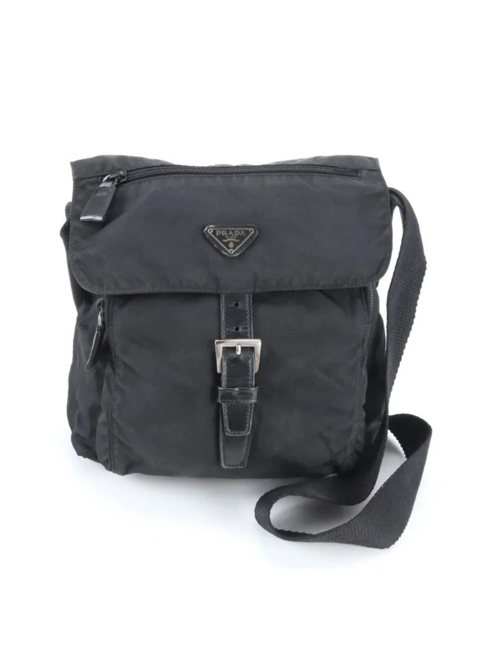 Prada Tessuto Nylon Triangle Logo Leather Shoulder Bag Crossbody Messenger Black
